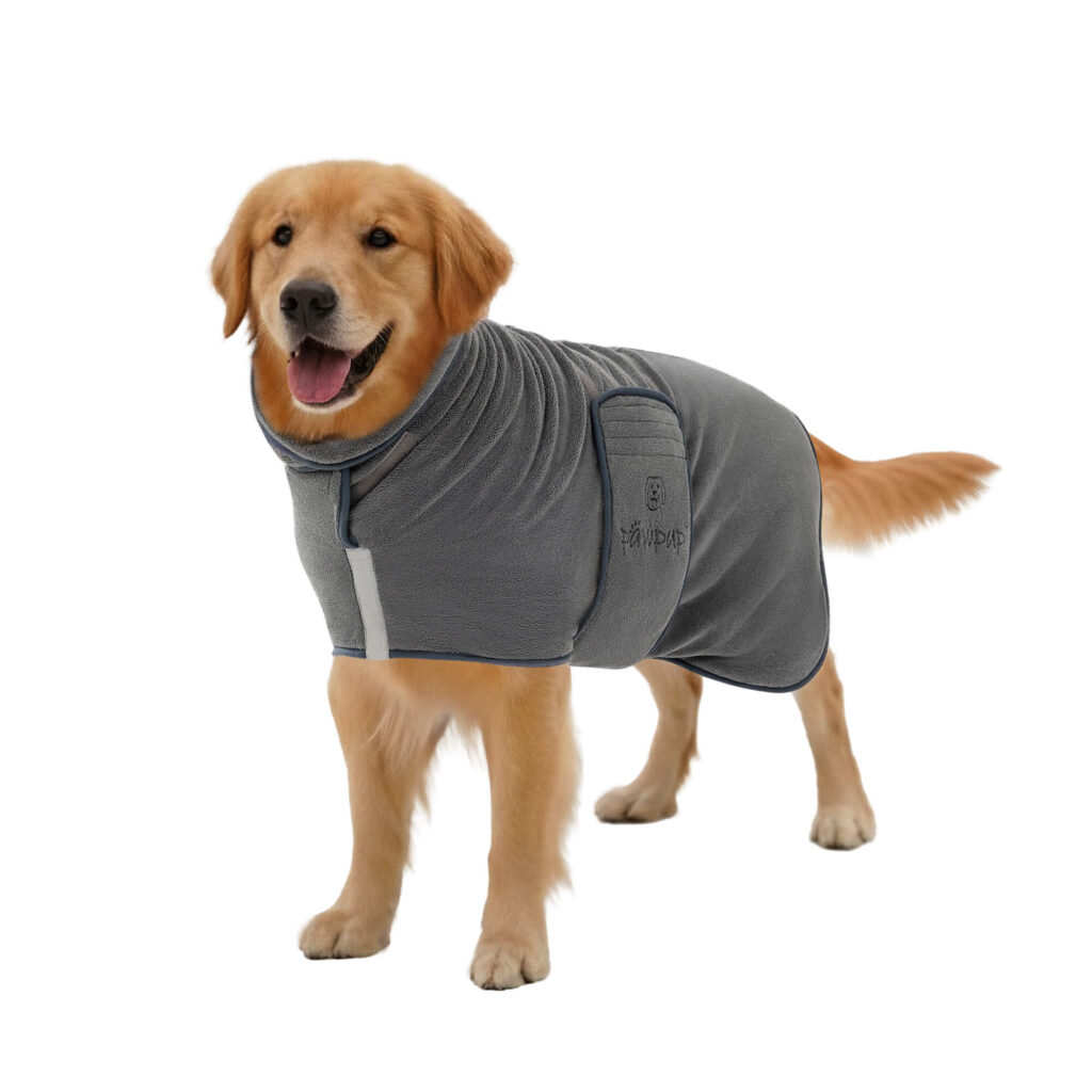 PAWPUP microfibre dog drying coat in grey on golden retriever